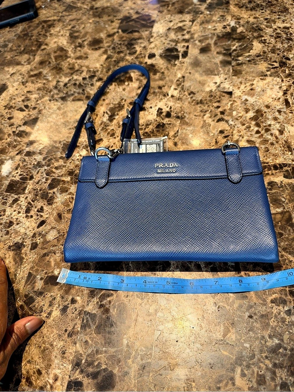 Prada Saffiano Leather Chain Flap Shoulder Bag Blue